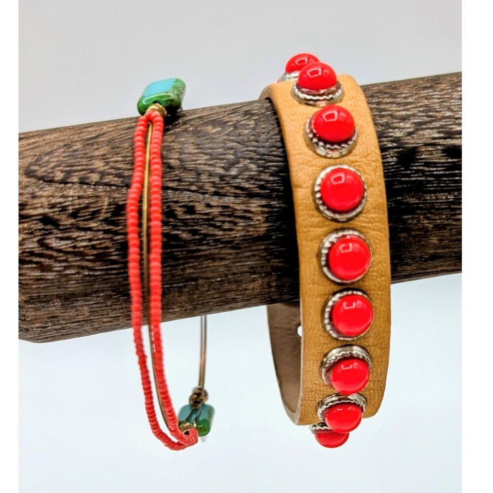 Lot of Two Boho Wire Adjustable Bangle & Streets Ahead Leather Beaded Bracelet